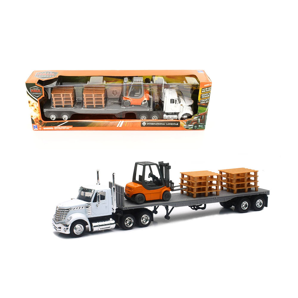 NewRay Licensed 1:43 Scale International Lonestar Flatbed With Forklift & Pallet Diecast Model Truck
