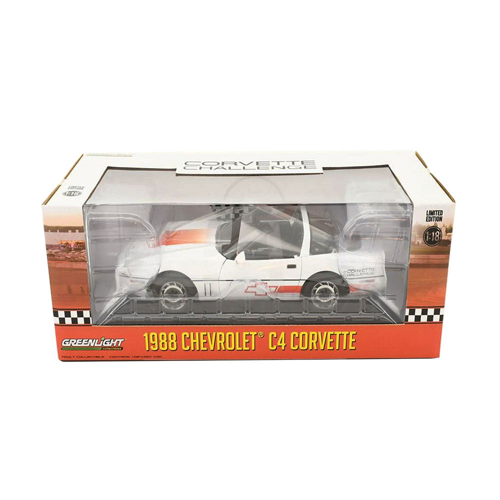 Greenlight 1:18 Scale Stripes Chev Corvette C4 Challenge Race 1988 Diecast Model Car White & Orange