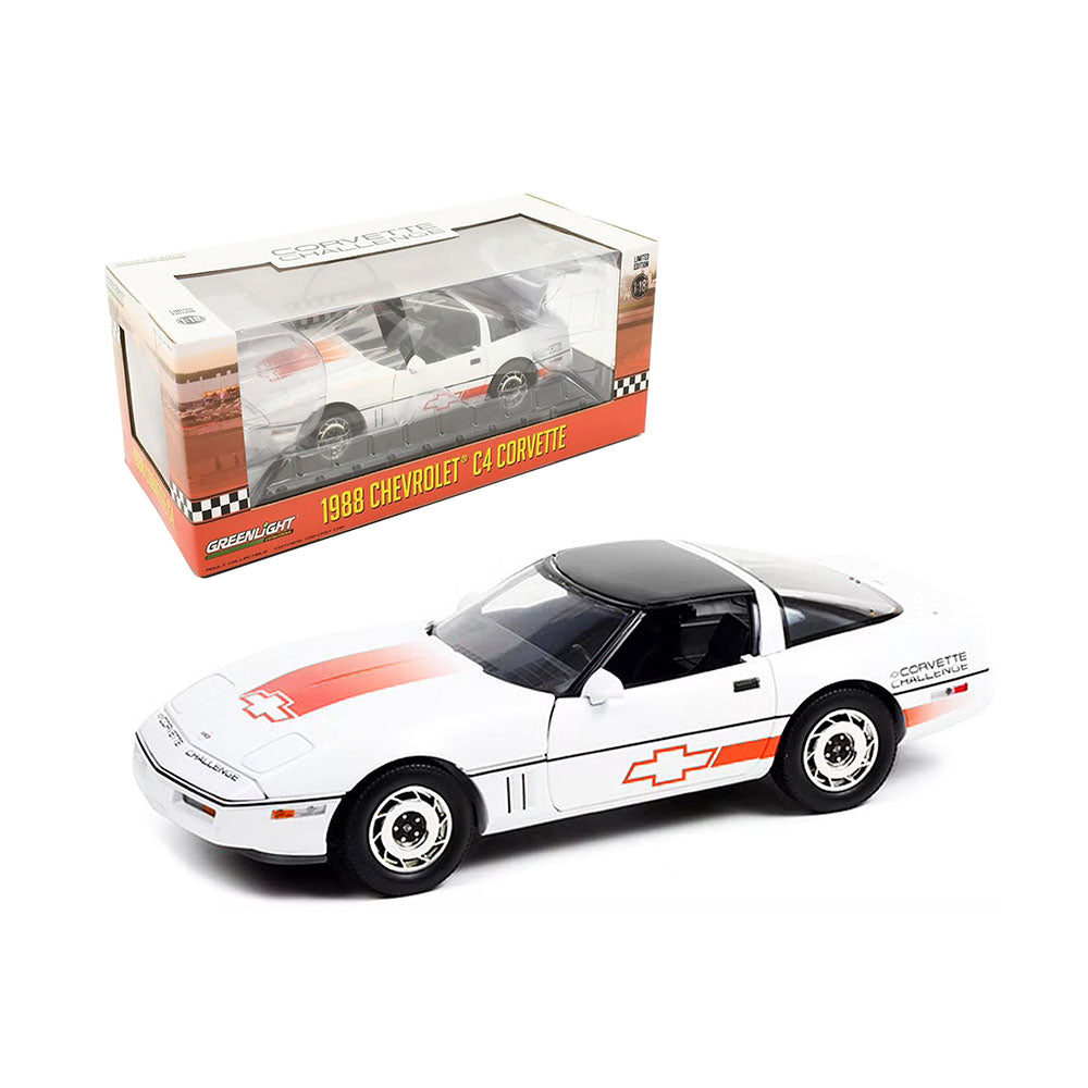 Greenlight 1:18 Scale Stripes Chev Corvette C4 Challenge Race 1988 Diecast Model Car White & Orange