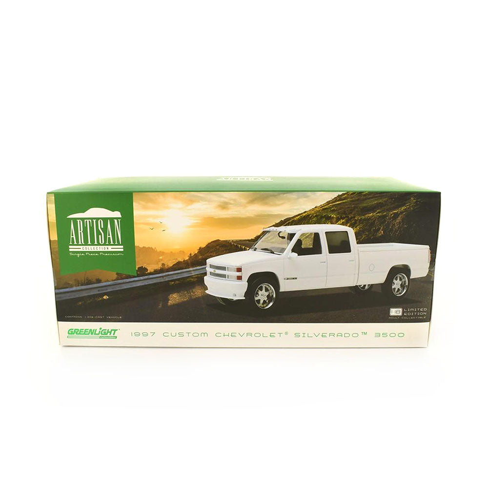 Greenlight Licensed 1:18 Scale Chevrolet 3500 Crew Cab Silverado Artisan 1997 Diecast Model Car Olympic White