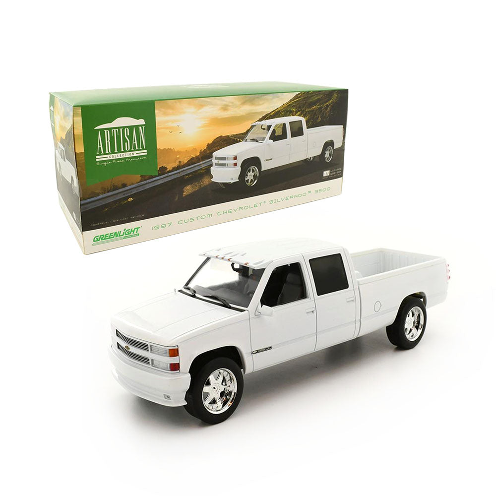 Greenlight Licensed 1:18 Scale Chevrolet 3500 Crew Cab Silverado Artisan 1997 Diecast Model Car Olympic White