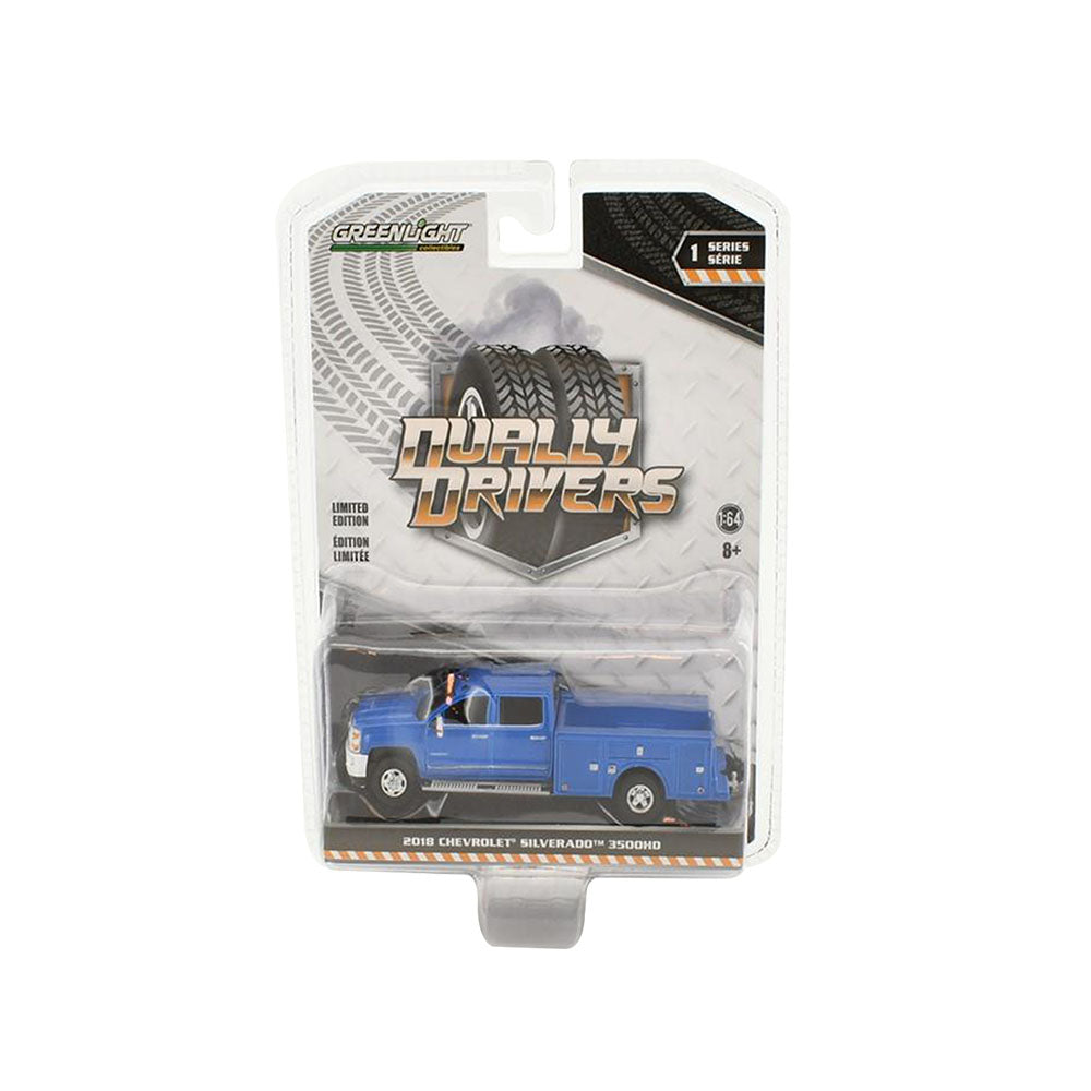 Greenlight 1:64 Scale Chevrolet Silverado 3500 2018 Dually Drivers Diecast Model Car Blue