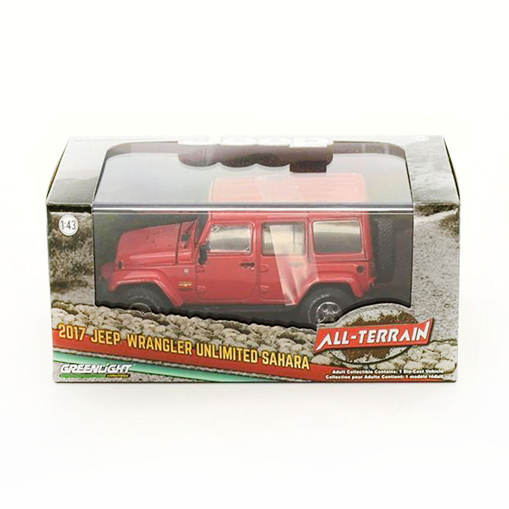 Greenlight Licensed 1:43 Scale Jeep Wrangler Unlimited Sahara 2017 Diecast Model Car Firecracker Red
