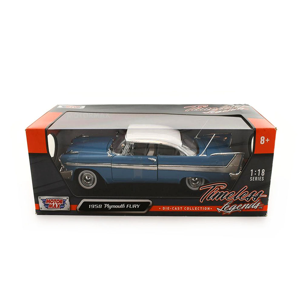 Motormax Licensed 1:18 Scale Plymouth Fury 1958 Diecast Model Car Blue & White