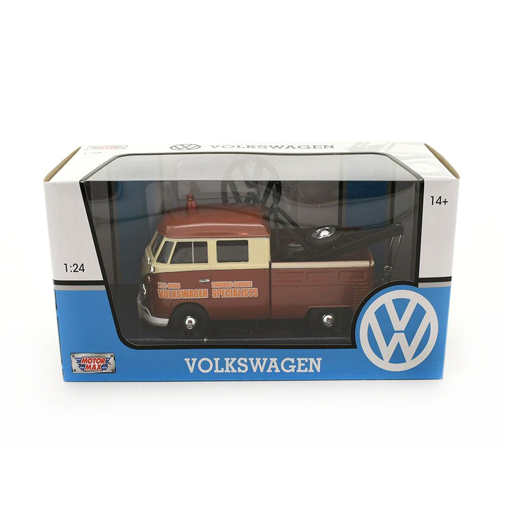 Motormax Licensed 1:24 Scale Tow Truck Volkswagen Type 2 Pickup Diecast Model Car Brown & Beige