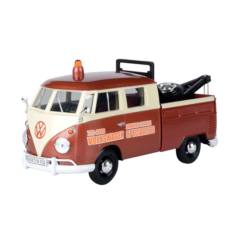Motormax Licensed 1:24 Scale Tow Truck Volkswagen Type 2 Pickup Diecast Model Car Brown & Beige