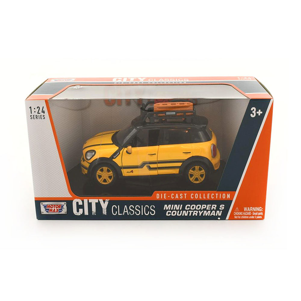 Motormax Licensed 1:24 Scale Mini Cooper S Countryman With Roof Rack Diecast Model Car Yellow & Black