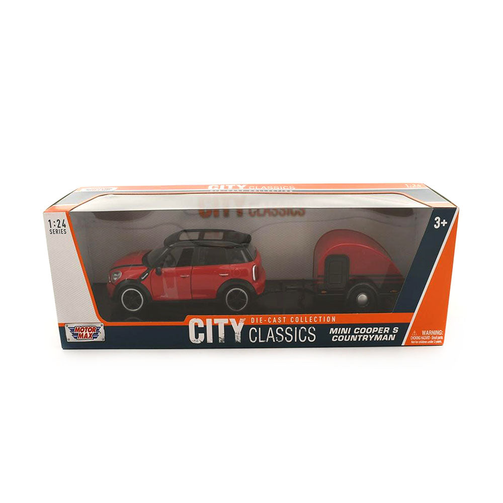Motormax Licensed 1:24 Scale Mini Cooper S Countryman With Trailer Diecast Model Car Red & Black