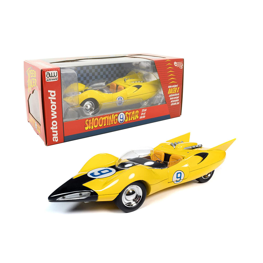 AutoWorld 1:18 Scale Shooting Star #9 With Racer X Figure Diecast Model Toy Yellow