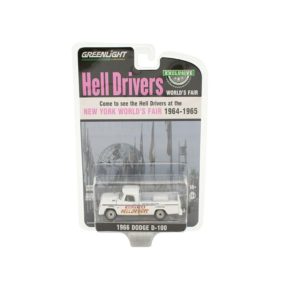 Greenlight Licensed 1:64 Scale Dodge D-100 World's Fair Hell Drivers 1966 Diecast Model Car White & Red