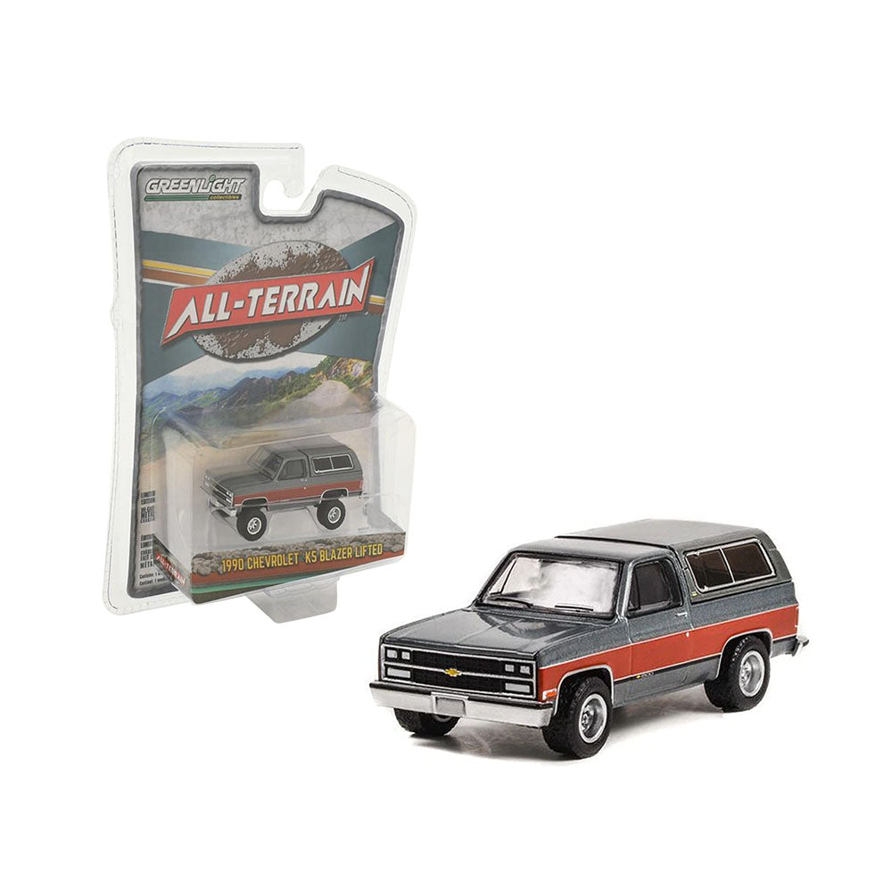 Greenlight Licensed 1:64 Scale Chevrolet K5 Blazer Lifted 1990 Diecast Model Car Grey & Red