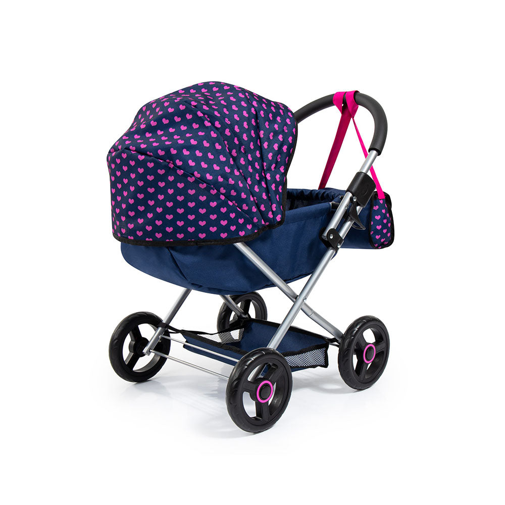 Bayer Cosy Doll Pram Dark Blue With Pink Hearts And Unicorn For Below 46cm Dolls