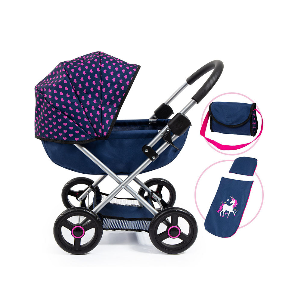 Bayer Cosy Doll Pram Dark Blue With Pink Hearts And Unicorn For Below 46cm Dolls