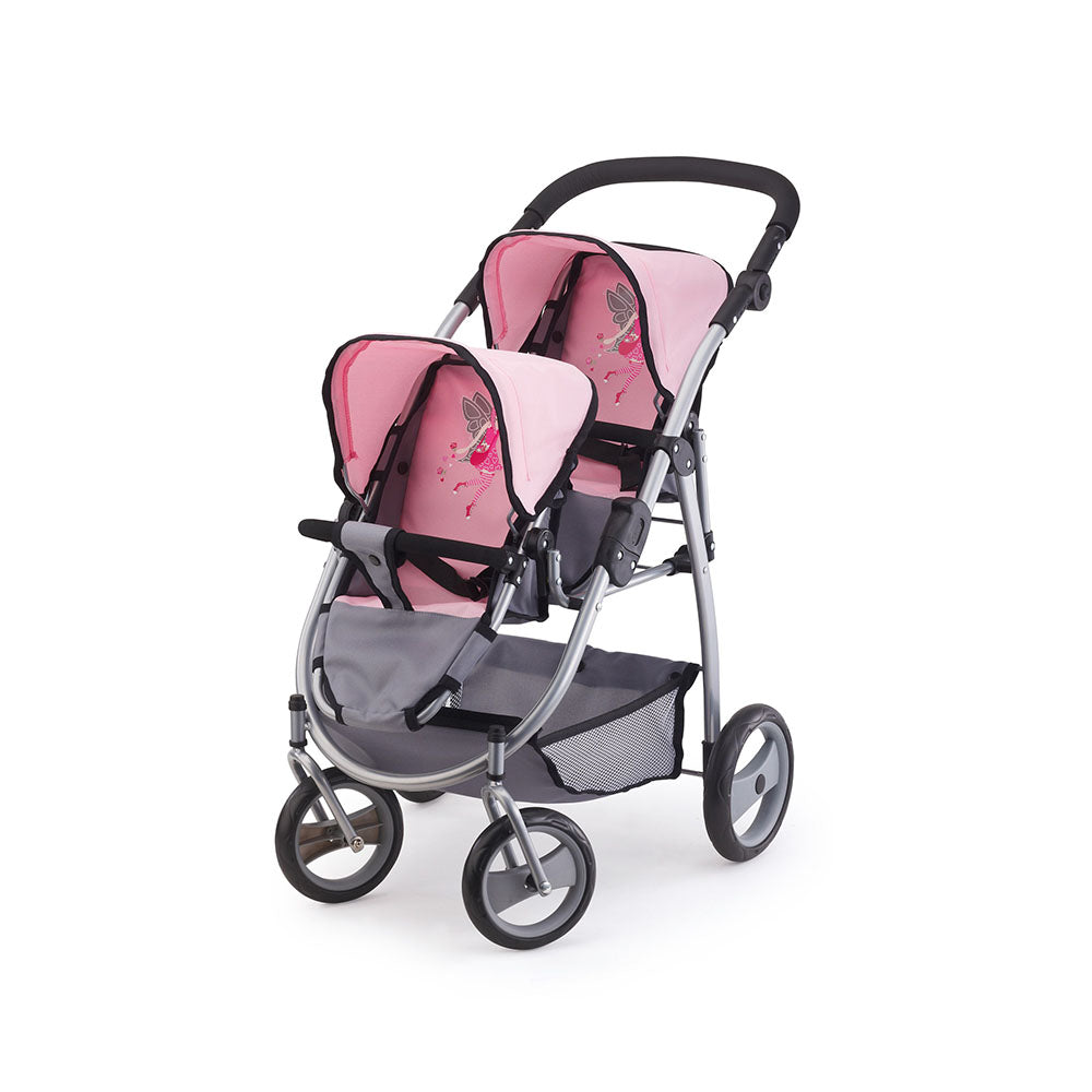 Bayer Twin Tandem Pram Doll Stroller Pink & Grey Toddler For Kids 3y+ Toy