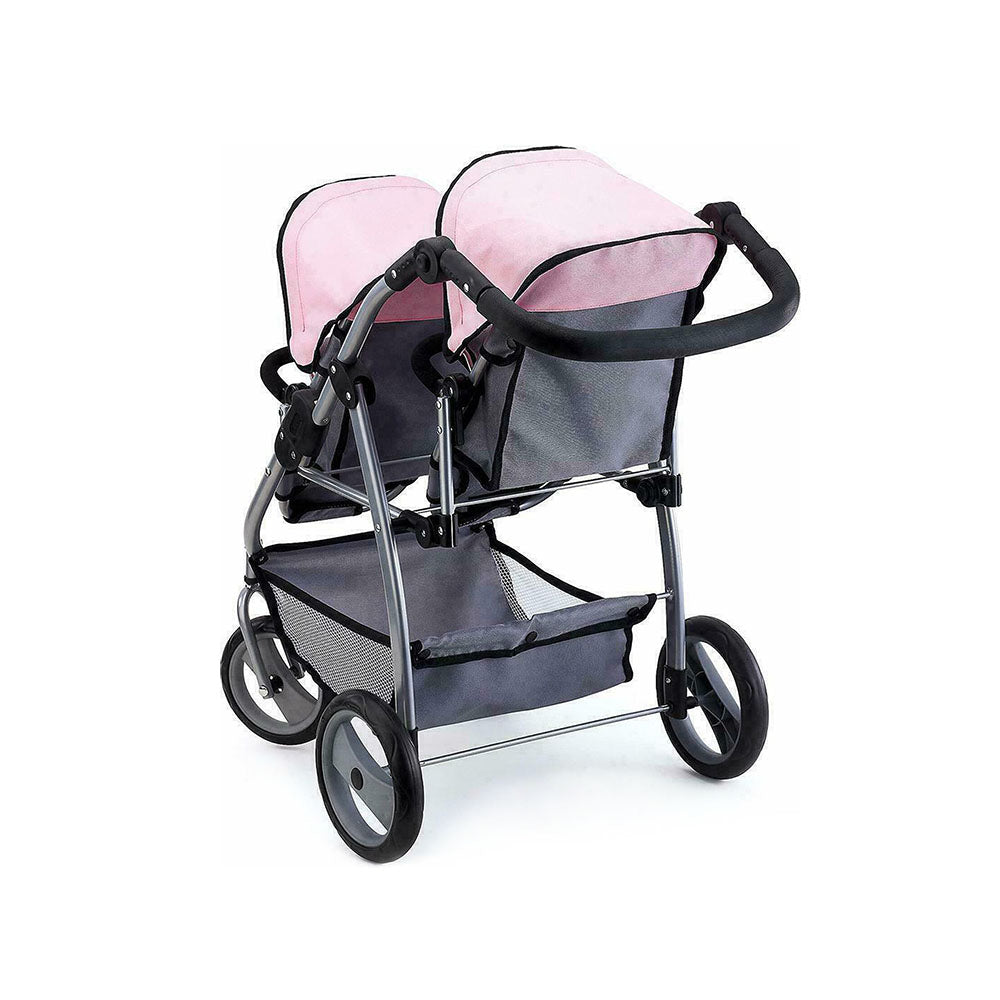 Bayer Twin Tandem Pram Doll Stroller Pink & Grey Toddler For Kids 3y+ Toy