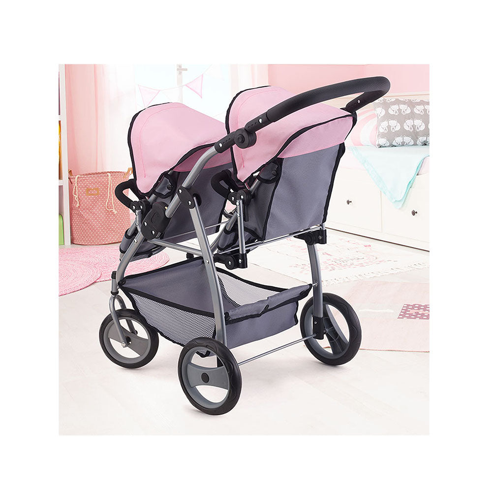Bayer Twin Tandem Pram Doll Stroller Pink & Grey Toddler For Kids 3y+ Toy