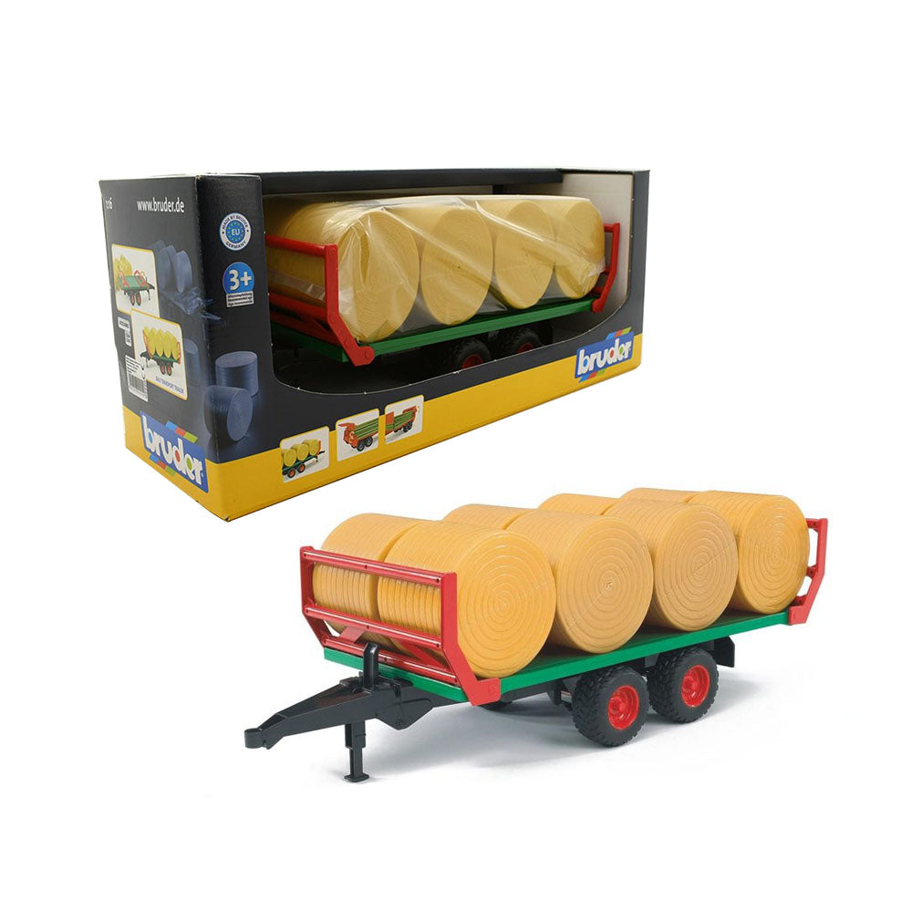 Bruder Licensed 1:16 Scale Bale Transport Trailer With 8 Round Bales Model Toy