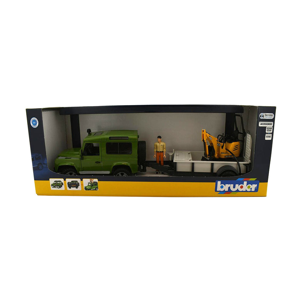 Bruder Licensed 1:16 Scale Land Rover Defender With 1 Axle Trailer JCB Micro Excavator Model Toy