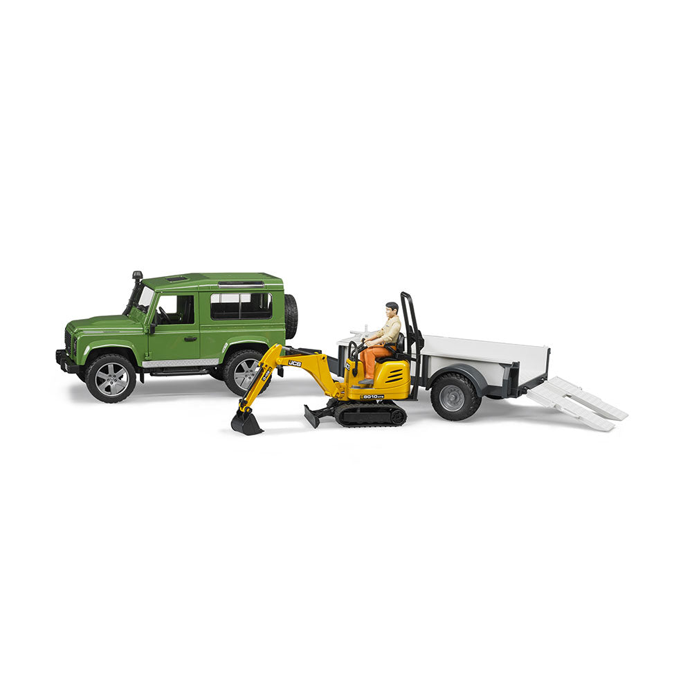 Bruder Licensed 1:16 Scale Land Rover Defender With 1 Axle Trailer JCB Micro Excavator Model Toy