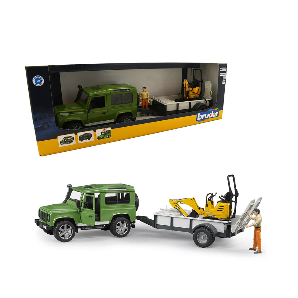 Bruder Licensed 1:16 Scale Land Rover Defender With 1 Axle Trailer JCB Micro Excavator Model Toy