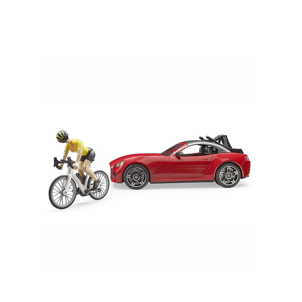 Bruder Licensed 1:16 Scale Detachable Roof Roadster Racing Car With 1 Road Bike + Cyclist