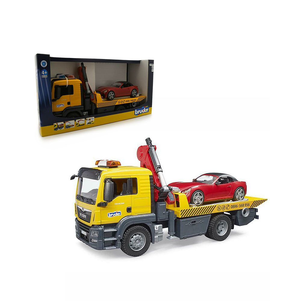 Bruder Licensed 1:16 MAN TGS Flat Top Tow Truck With Roadster + Light And Sound Module