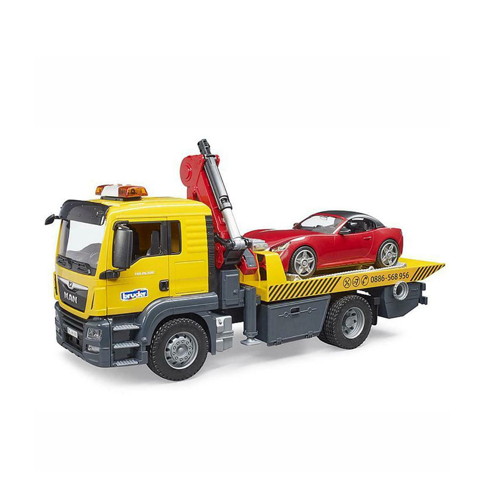 Bruder Licensed 1:16 MAN TGS Flat Top Tow Truck With Roadster + Light And Sound Module