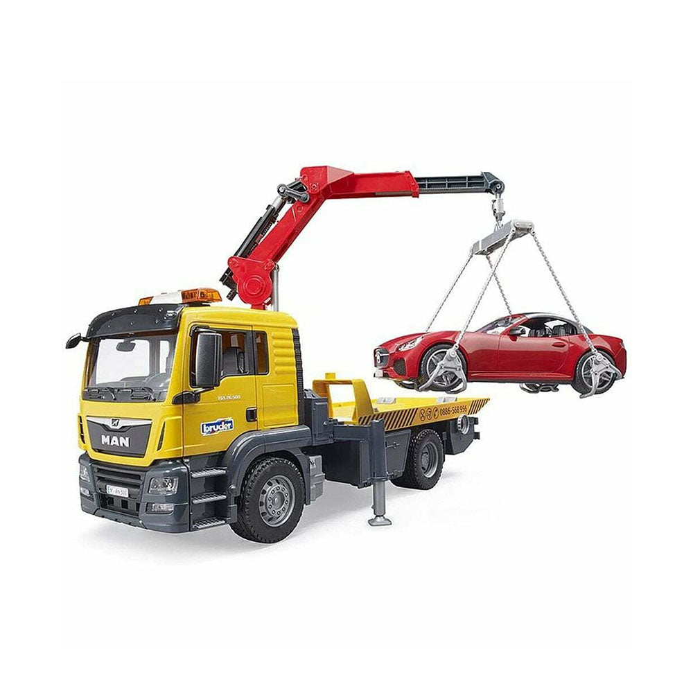 Bruder Licensed 1:16 MAN TGS Flat Top Tow Truck With Roadster + Light And Sound Module