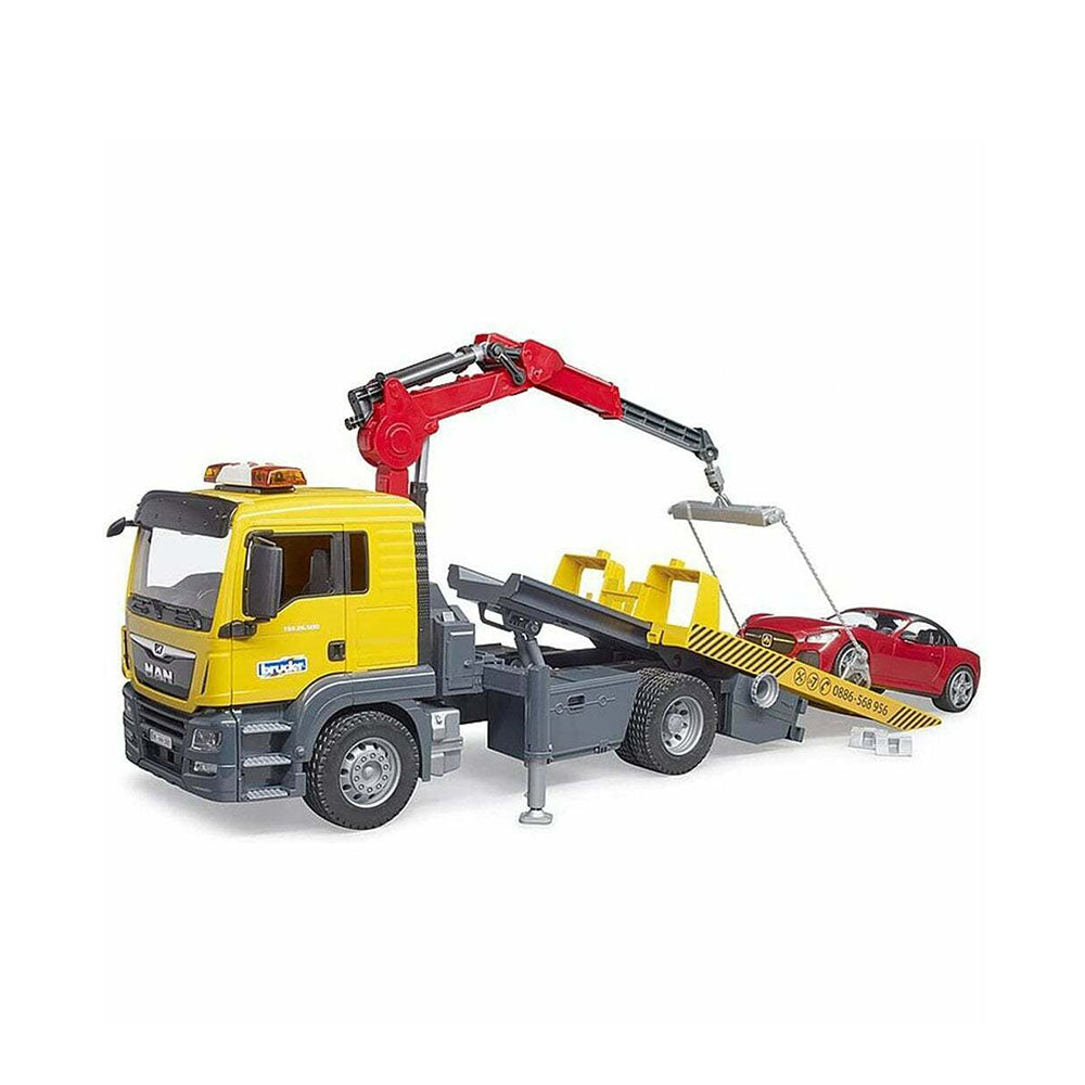 Bruder Licensed 1:16 MAN TGS Flat Top Tow Truck With Roadster + Light And Sound Module