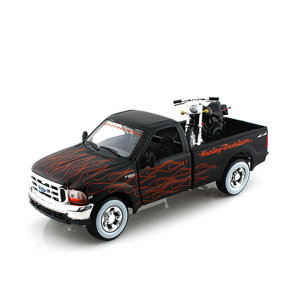 Maisto Licensed 1:24 Scale Harley Davidson Ford 1999 F350 Pick Up + 2002 FXSTB Night Train Diecast Model Car