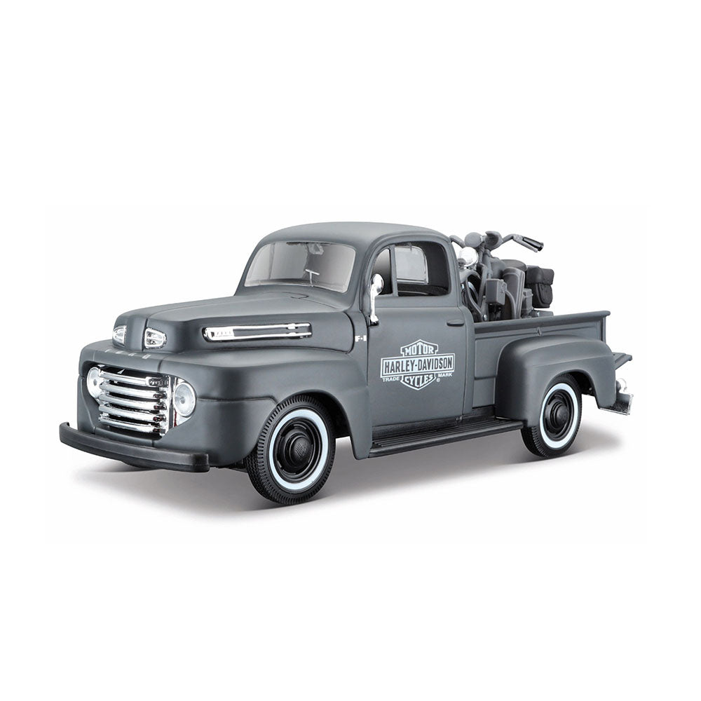 Maisto Licensed 1:24 Scale Harley-Davidson 1948 Ford F1 Pickup & 1942 WLA Flathead Model Car Grey