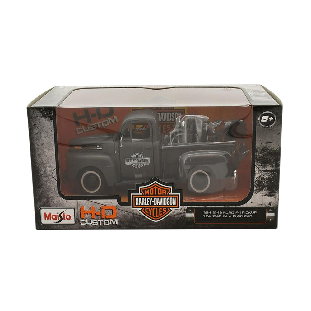 Maisto Licensed 1:24 Scale Harley-Davidson 1948 Ford F1 Pickup & 1942 WLA Flathead Model Car Grey