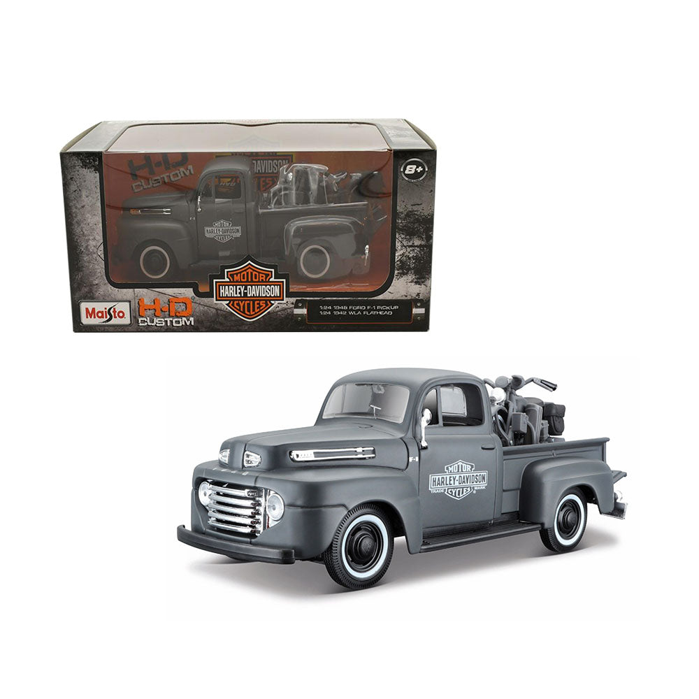 Maisto Licensed 1:24 Scale Harley-Davidson 1948 Ford F1 Pickup & 1942 WLA Flathead Model Car Grey