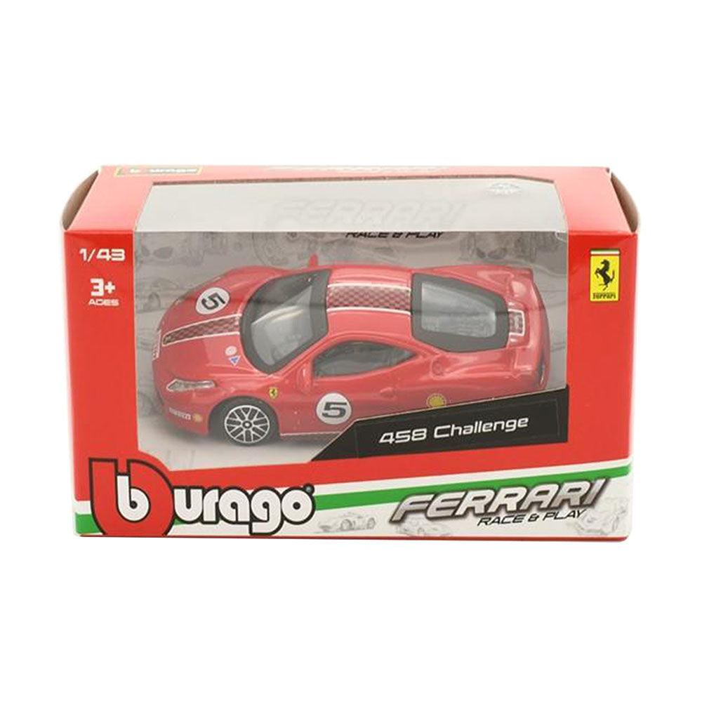 Bburago Licensed 1:43 Scale Race & Play Ferrari 458 Challenge Diecast Model Car Red