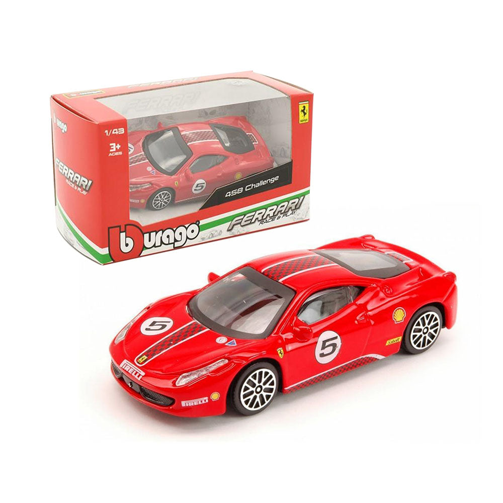 Bburago Licensed 1:43 Scale Race & Play Ferrari 458 Challenge Diecast Model Car Red