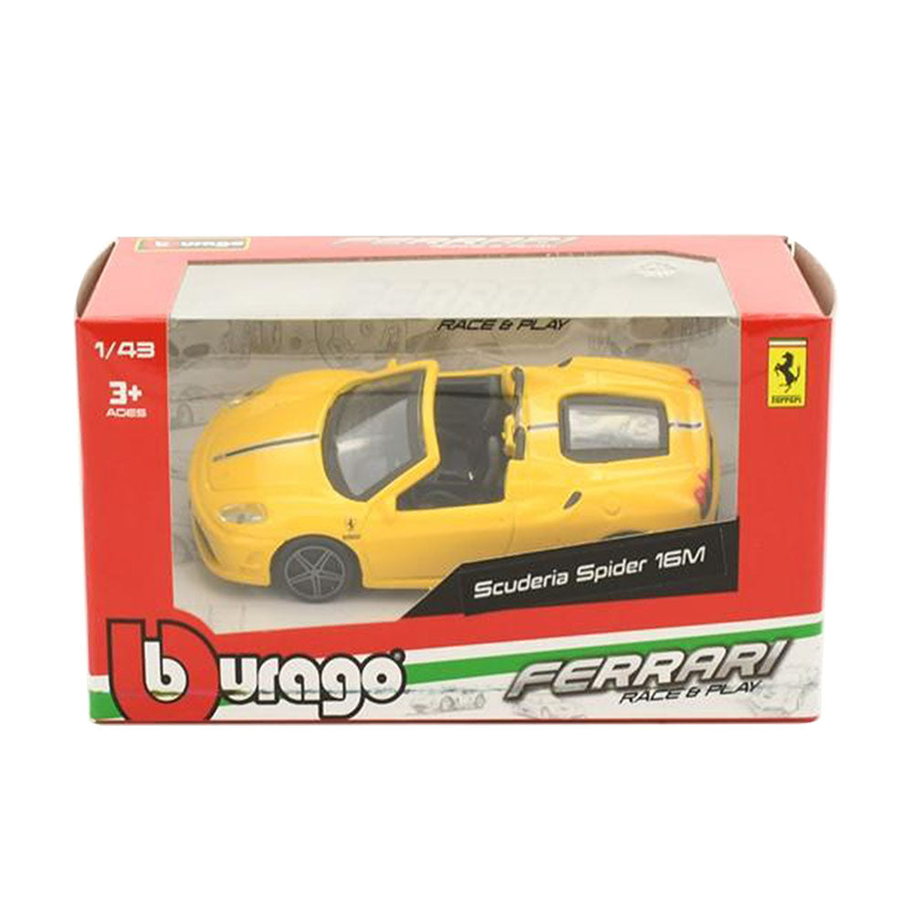 Bburago Licensed 1:43 Scale Race & Play Ferrari Scuderia Spider 16M Diecast Model Car Yellow