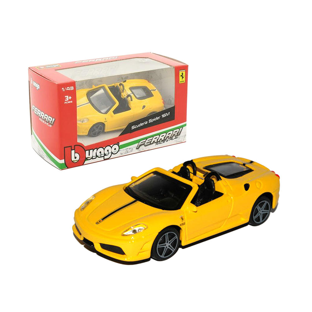 Bburago Licensed 1:43 Scale Race & Play Ferrari Scuderia Spider 16M Diecast Model Car Yellow